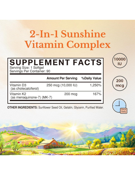 Suplemento Vitamina D3 10000 UI + K2 200 mcg Vitalitown 90 Gelatinas Suplemento Vitamina D3 10000 UI + K2 200 mcg Vitalitown 90 Gelatinas