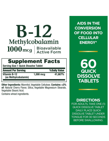 Tabletas de Vitamina B-12 Nature's Bounty 1000mcg 60ct Cereza Tabletas de Vitamina B-12 Nature's Bounty 1000mcg 60ct Cereza