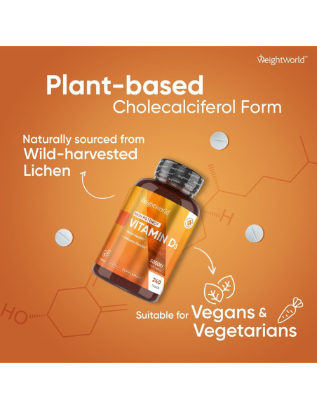 WeightWorld Vitamina D3 Vegana 5000 UI - 240 Tabletas Sin Gluten