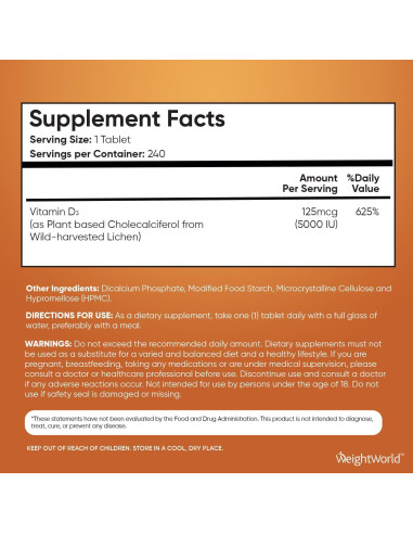 WeightWorld Vitamina D3 Vegana 5000 UI - 240 Tabletas Sin Gluten