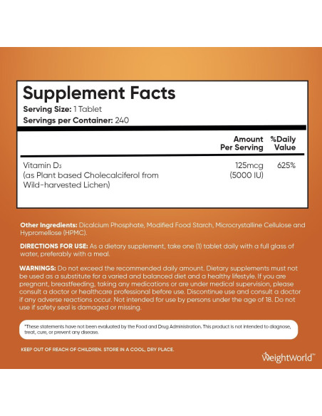 WeightWorld Vitamina D3 Vegana 5000 UI - 240 Tabletas Sin Gluten