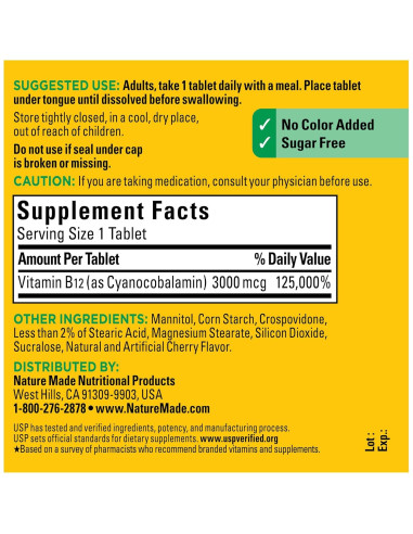 Vitamina B12 Sublingual 3000 mcg Nature Made - 40 Tabletas