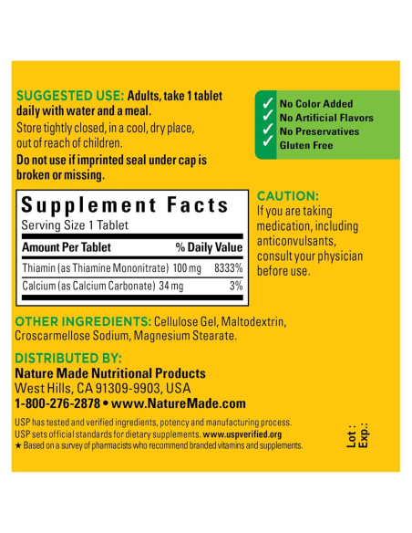 Nature Made Vitamina B1 100 mg - Suplemento Energético 100 Tabletas