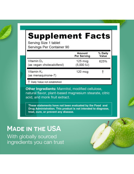 EZ Melts Vitaminas D3 K2 5000 UI Sin Azúcar 90 Tabletas