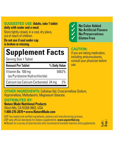 Vitamina B6 Nature Made 100 mg 100 Tabletas Sin Sabor