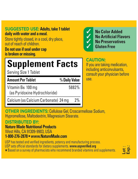 Vitamina B6 Nature Made 100 mg 100 Tabletas Sin Sabor