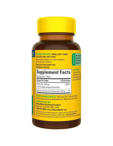 Vitamina B6 Nature Made 100 mg 100 Tabletas Sin Sabor