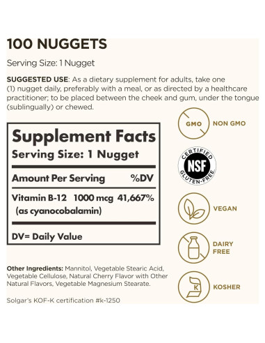 Vitamina B12 Solgar 1000 mcg 100 Nuggets Sublinguales