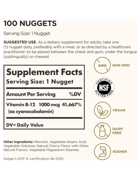 Vitamina B12 Solgar 1000 mcg 100 Nuggets Sublinguales