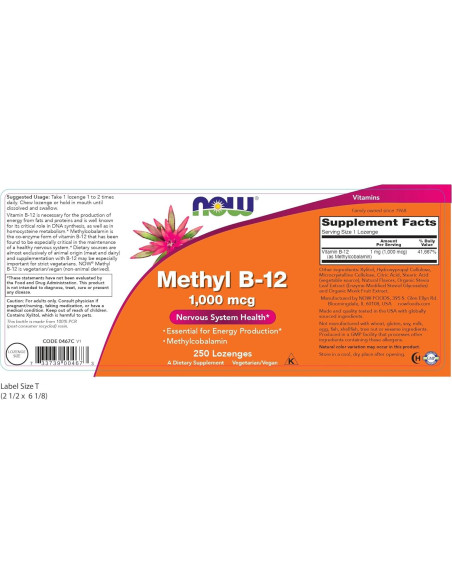 Suplemento NOW Methyl B-12 1000 mcg Vegano 250 Pastillas