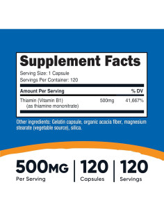 Vitamina B1 (Tiamina) 500mg Nutricost - 120 Cápsulas 2