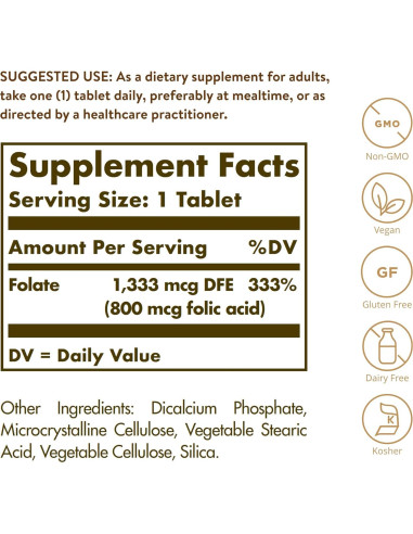 Solgar Folato 1333 mcg - 250 Tabletas Veganas Sin Gluten