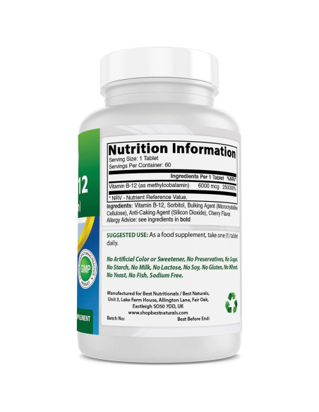 Vitamina B-12 Metilcobalamina 6000 mcg Mejores Naturales 60 Tabletas Vitamina B-12 Metilcobalamina 6000 mcg Mejores Naturales 60 Tabletas