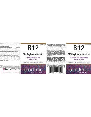Suplemento B12 Metilcobalamina Bioclinic Naturals 1000 mcg 60 tabletas