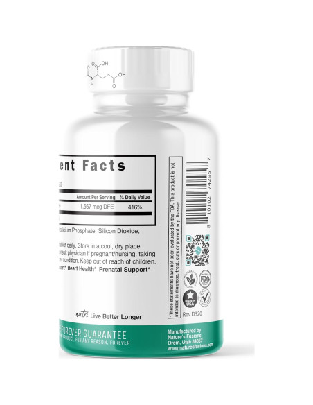 Suplemento de Folato Metilado Nutri 5-MTHF 1MG 120 Tabletas Veganas