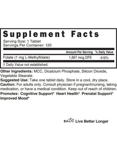 Suplemento de Folato Metilado Nutri 5-MTHF 1MG 120 Tabletas Veganas