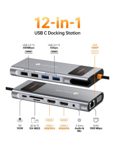Estación de Acoplamiento USB C 12 en 1 NOVOO - Doble Monitor 2