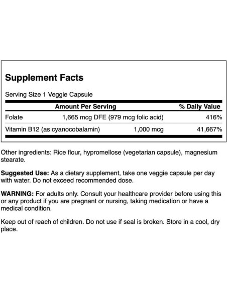 Ácido Fólico y Vitamina B12 Swanson 30 Cápsulas Veganas