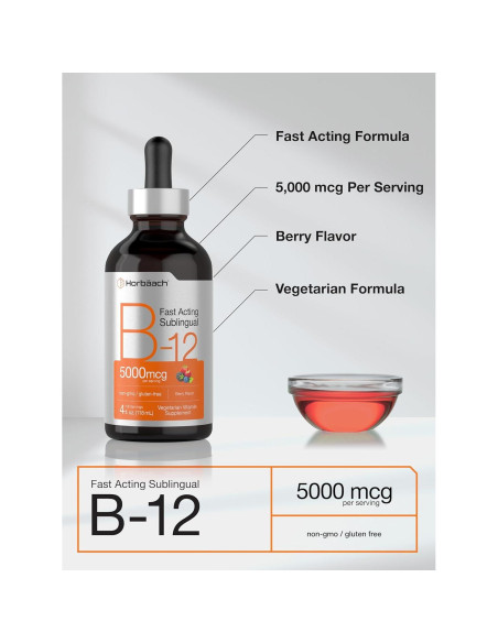 Suplemento de Vitamina B12 Horbaach 5000 mcg Gotas Líquidas Sabor Baya Suplemento de Vitamina B12 Horbaach 5000 mcg Gotas Líquidas Sabor Baya