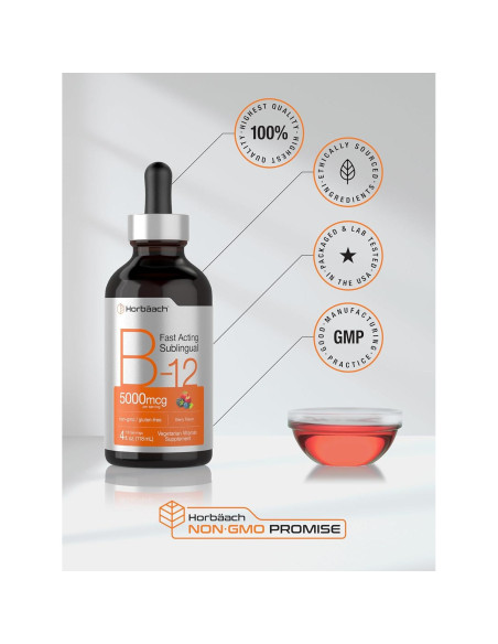 Suplemento de Vitamina B12 Horbaach 5000 mcg Gotas Líquidas Sabor Baya Suplemento de Vitamina B12 Horbaach 5000 mcg Gotas Líquidas Sabor Baya