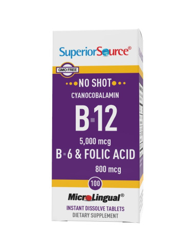 Vitamina B12 Sublingual Superior Source 5000 mcg + B6 + Ácido Fólico 800 mcg - 100 Tabletas