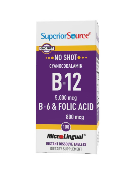 Vitamina B12 Sublingual Superior Source 5000 mcg + B6 + Ácido Fólico 800 mcg - 100 Tabletas