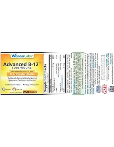 Vitamina B12 Sublingual 1000 mcg Wonder Labs - 250 Tabletas