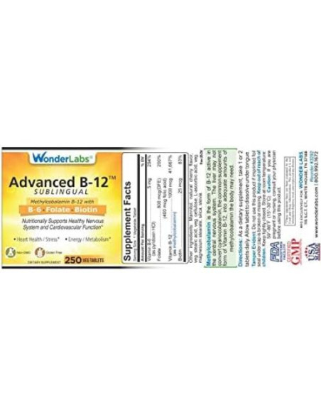 Vitamina B12 Sublingual 1000 mcg Wonder Labs - 250 Tabletas