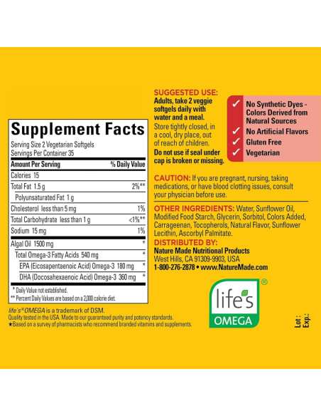 Suplemento Omega 3 de Algas Nature Made 540mg - 70 Cápsulas