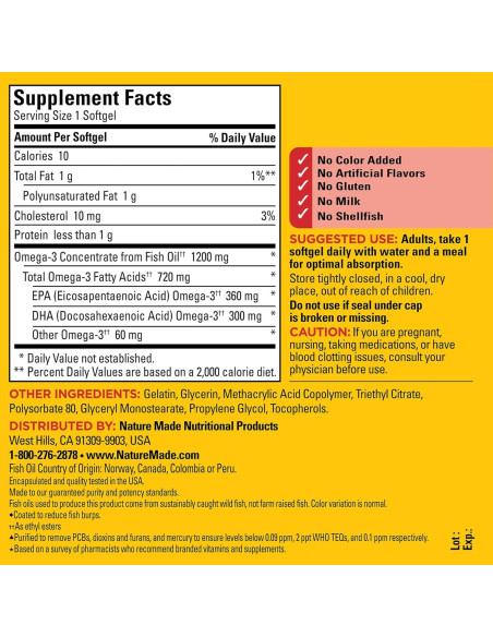 Nature Made Omega 3 Aceite de Pescado 1200mg EPA DHA 120 Cápsulas