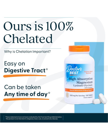 Magnesio Glicinato Lisina Doctor's Best 240 Tabletas 100 mg