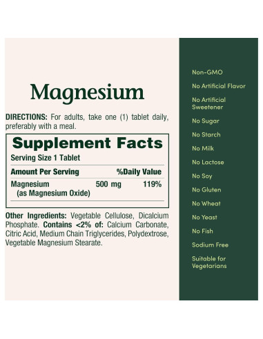 Suplemento de Magnesio Nature's Bounty 500mg 200 Tabletas