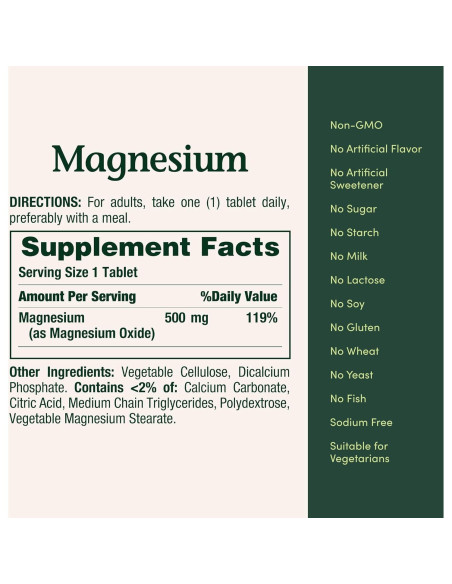 Suplemento de Magnesio Nature's Bounty 500mg 200 Tabletas