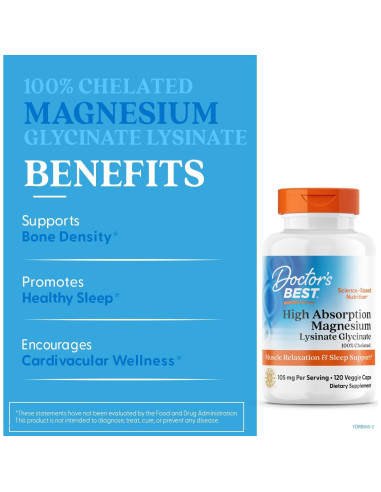 Magnesio Lisina Glicinato Doctor's Best 120 Cápsulas 105mg