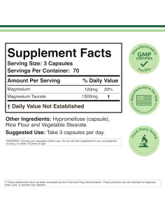 Suplemento Taurato de Magnesio 1500mg 210 Cápsulas Veganas Double Wood 2