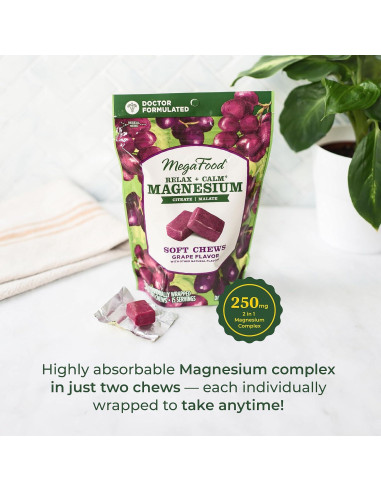 MegaFood Suplemento de Magnesio Calmante - 30 Caramelos Uva