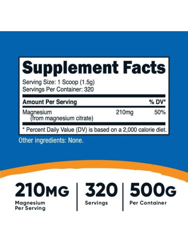 Polvo de Citrato de Magnesio Nutricost 500g Sin Sabor