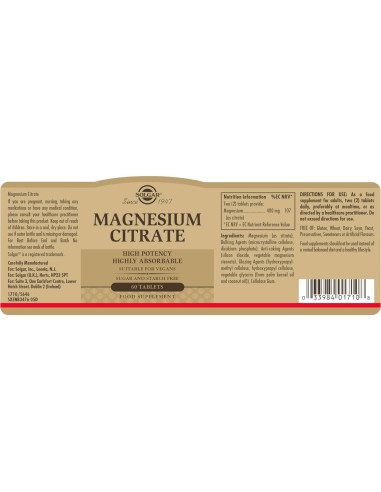 Citrato de Magnesio Solgar 420 mg - 60 Tabletas Absorbibles