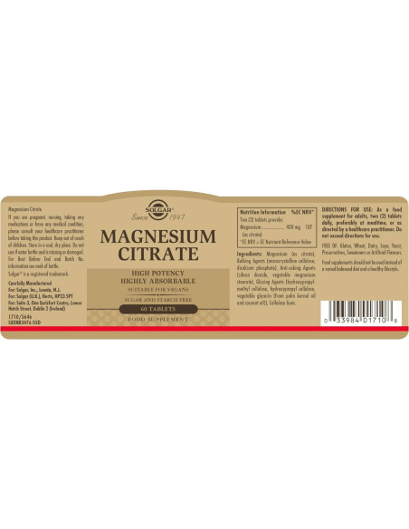 Citrato de Magnesio Solgar 420 mg - 60 Tabletas Absorbibles