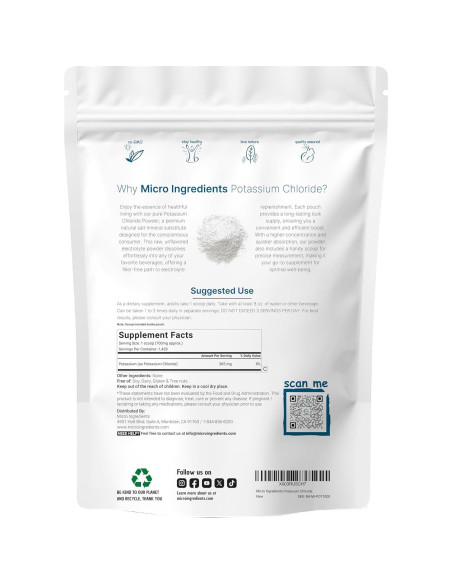 Cloruro de Potasio en Polvo 1kg Micro Ingredients - Suplemento Electrolitos