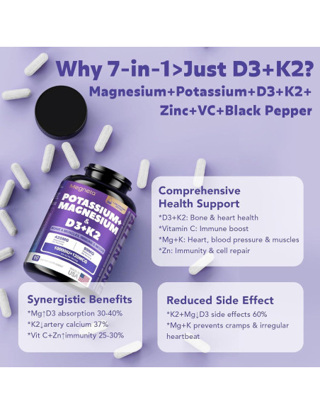 Suplemento de Magnesio, Potasio, Vitamina D3 y K2 - 60 Cápsulas - MEGNETA Suplemento de Magnesio, Potasio, Vitamina D3 y K2 - 60 Cápsulas - MEGNETA