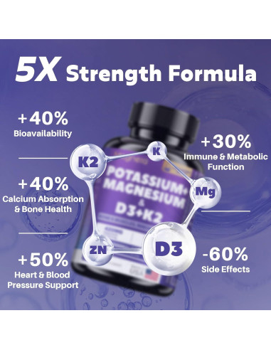 Suplemento de Magnesio, Potasio, Vitamina D3 y K2 - 60 Cápsulas - MEGNETA