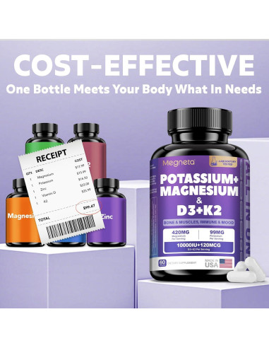 Suplemento de Magnesio, Potasio, Vitamina D3 y K2 - 60 Cápsulas - MEGNETA