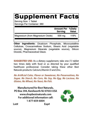 Óxido de Magnesio 500mg Mejores Naturales 360 Tabletas