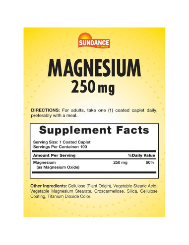 Suplemento de Magnesio Sundance 250mg 100 Tabletas Vegetariano