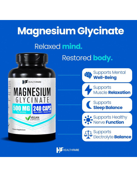 Glicinato de Magnesio 500mg HealthFare | 240 Cápsulas Veganas