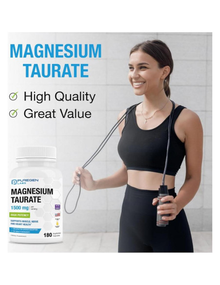 Taurato de Magnesio Puregen Labs 1500mg 180 Cápsulas Vegetales