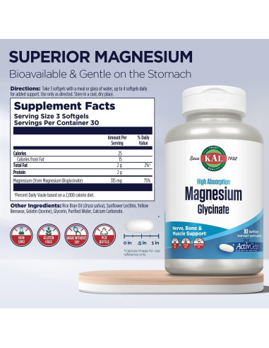 Suplemento de Magnesio Glicinato KAL 315mg 90 Cápsulas