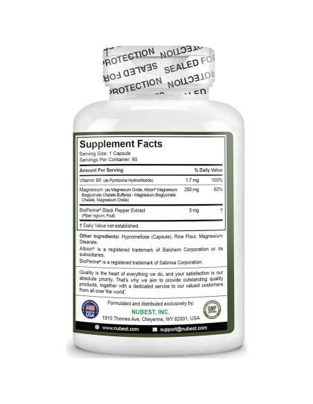 Complejo de Magnesio NuBest 90 Cápsulas - Bisglicinato, B6
