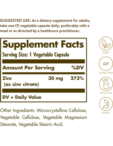 Cápsulas Vegetales de Citrato de Zinc Solgar 100 Unidades